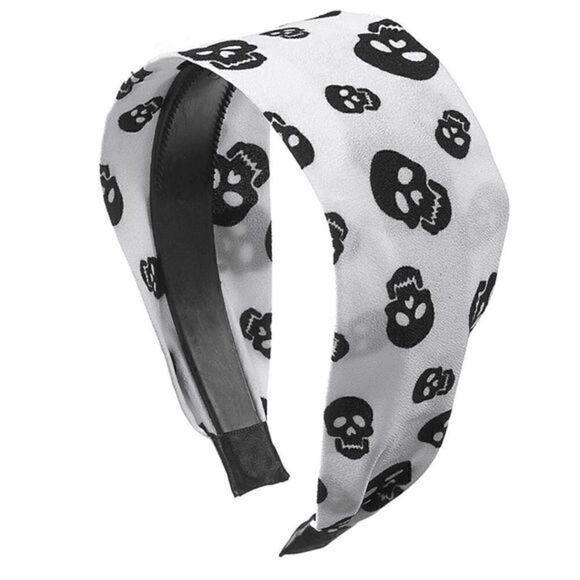 NWT Flying Haunted Printed Skulls Spooky Halloween White Goth Cloth Headband - Picture 4 of 4